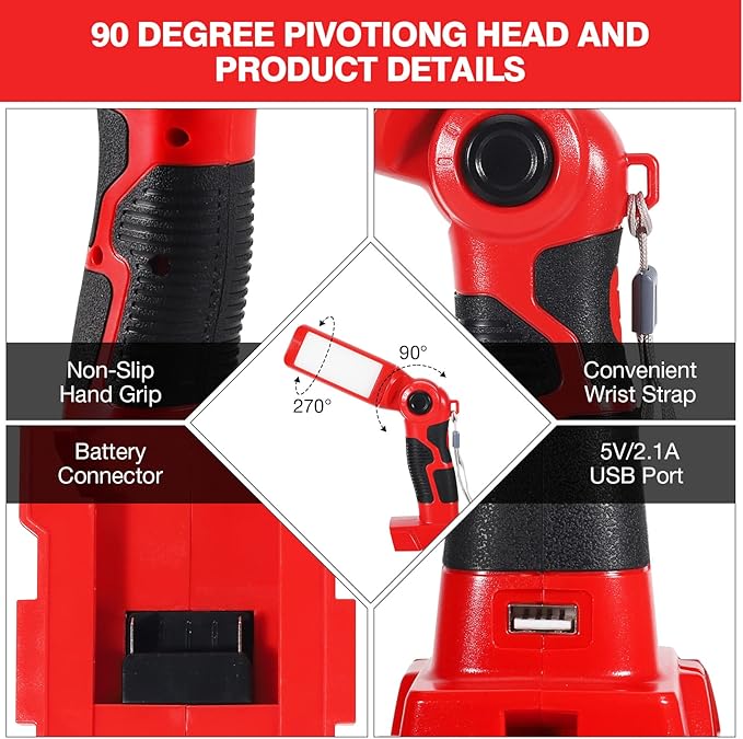 YEX-BUR LED Work Light Torch for Milwaukee m18 18v Battery 12W 1000LM Flashlight with USB-A Charging Port Portable Outdoor Indoor Lights for Workshop,Garage,Camping,Emergencies