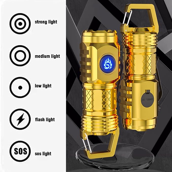 German Three-eyed Monster Mini Flashlight Thumb Flashlight, Mini Flash Super Power Flashlight, Multi-Functional Mini Pen Clip Flashlight Light Steel High Lumen Rechargeable Waterproof (Red+Gold)