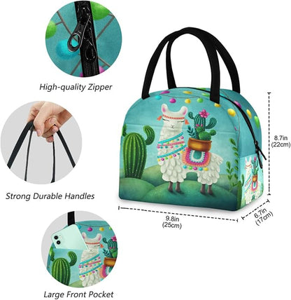 Cute Llama with Cactus Reusable Lunch Tote Bag Insulated Water-resistant Thermal Cooler Bag for Man/Women/Picnic/Boating/Beach/Fishing/Work