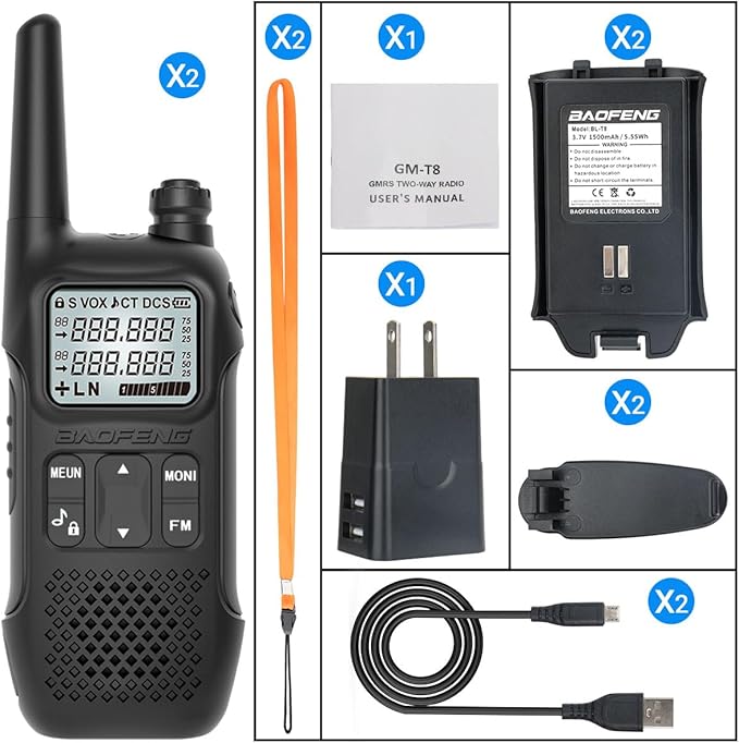GMRS Radio BAOFENG GM-T8 Walkie Talkies Long Range, Rechargeable Walkie Talkie for Adults,Portable Ham Radio Handheld with NOAA Weather Flashight VOX USB-C Two Way Radio(2 Pack)