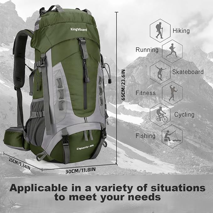 King'sGuard 60L Hiking Backpack Men Women Camping Backpack Waterproof Backpacking Mountaineering Climbing Daypack with Rain Cover (Army Green)