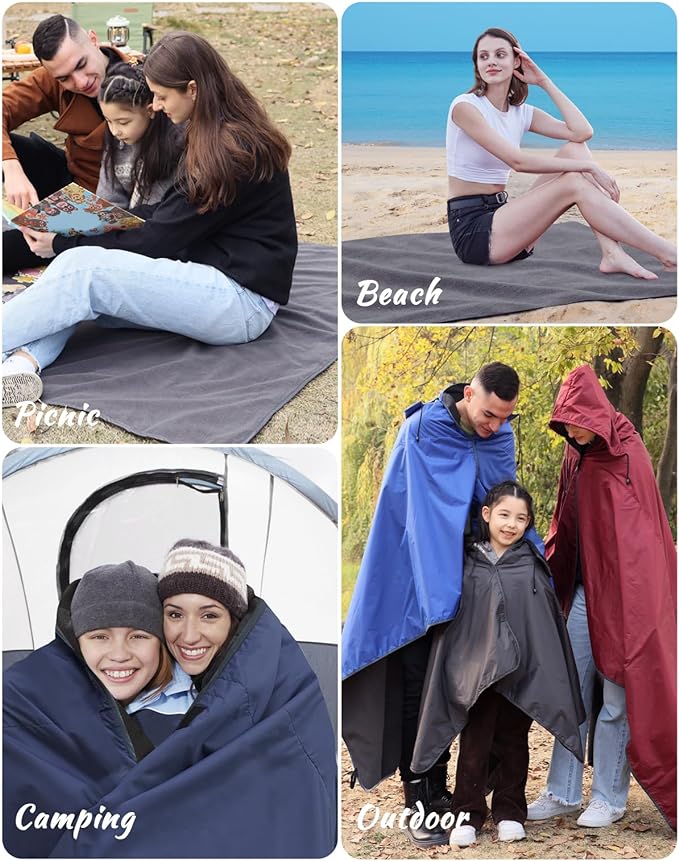 DUKUSEEK Hooded Stadium Blanket, Waterproof Windproof Outdoor Fleece Blanket - Large (79"x 59"), Portable, Wearable, Warm for Outdoor Camping, Picnic, Stadium, Sports, Beach, Concerts, Car, Dogs…