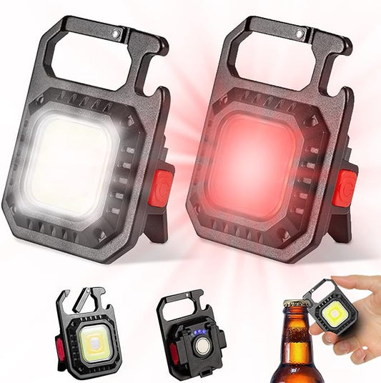 2 Pack Led Keychain Flashlight,1000lumens Rechargeable Cob Waterproof Portable Led Work Light，5 Light Modes Pocket Light with Battery Display As Bottle Opener and Magnet Base for Walking and Camping