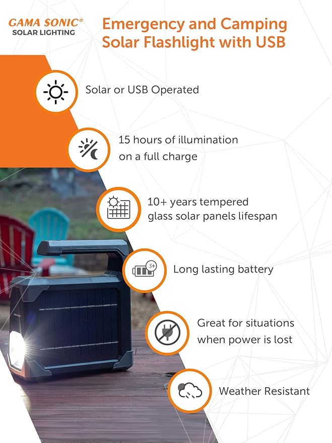 GAMA SONIC Solar-Powered Emergency Flashlight and Camping Lantern with USB Charging Port, 1000 Lumens