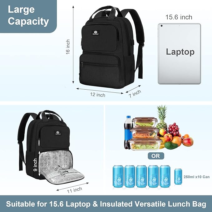 Lunch Backpack for Women Men, Insulated Cooler Lunch Box Backpack, 15.6-inch Laptop Backpacks with USB Port, Water Resistant Leak-proof Lunch Bag for College (Black)