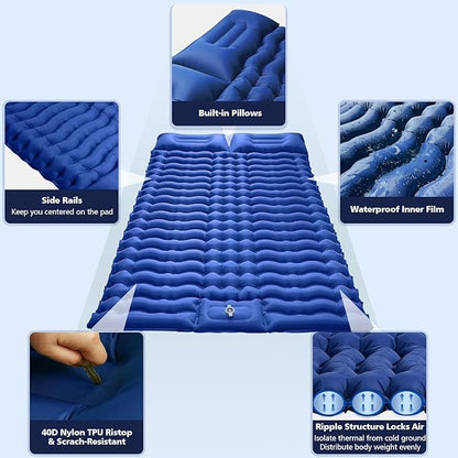 Double Camping Sleeping Pad with Built-in Foot Pump and Pillows Thick Inflatable 2 Person Portable Camping Mat for Hiking Backpacking Tent