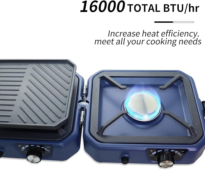 2 Burner Propane Camping Stove with Grill - CloudHand Foldable Camp Stove with 16,000 BTU, Two Adjustable Burners with Piezo Ignition & Easy Carrying Handle (Blue)