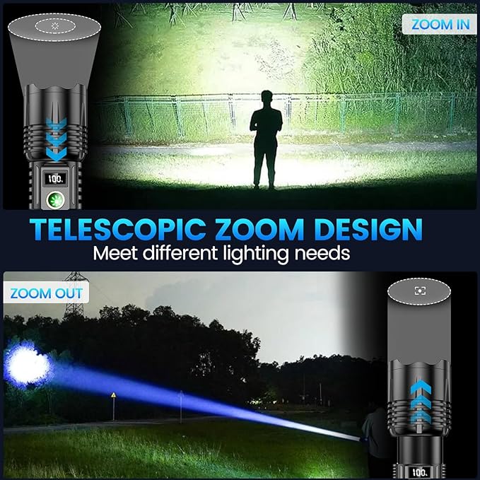 Rechargeable LED Flashlights, 250000 High Lumens, 5 Modes Zoomable, Super Bright Flashlight, Tactical Powerful IPX7 Waterproof Handheld Flash Light for Emergencies, Hiking, Camping