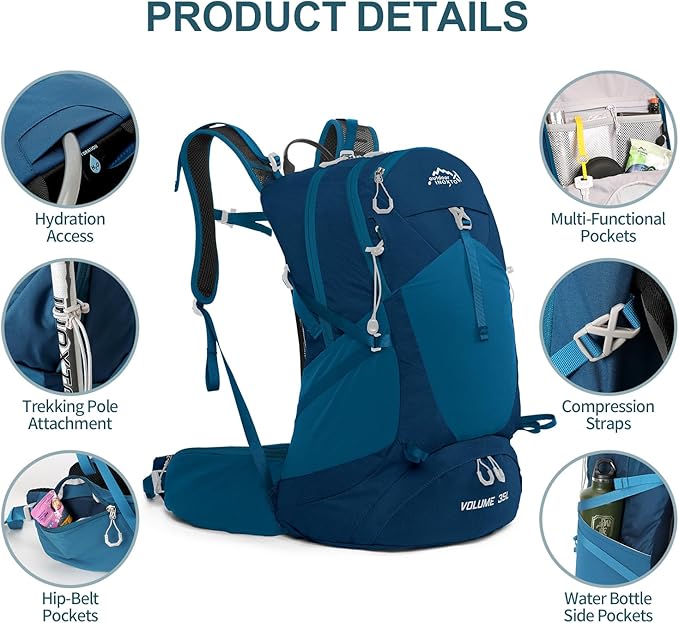 Hiking Backpack,35L Waterproof Hiking Daypack with 3L Water Bladder and Rain Cover, Lightweight Travel Camping Backpack for Men Women (Blue)