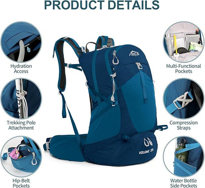 Hiking Backpack,35L Waterproof Hiking Daypack with 3L Water Bladder and Rain Cover, Lightweight Travel Camping Backpack for Men Women (Blue)