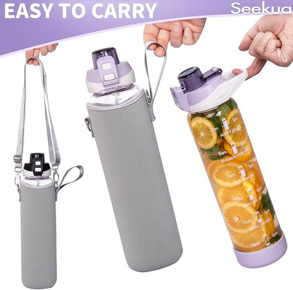 32 oz Sports Glass Water Bottle with Straw and Time Marker, Large Resuable Motivational Glass Drinking Bottle for Infused Water, Fruit, Smoothie, Coffee