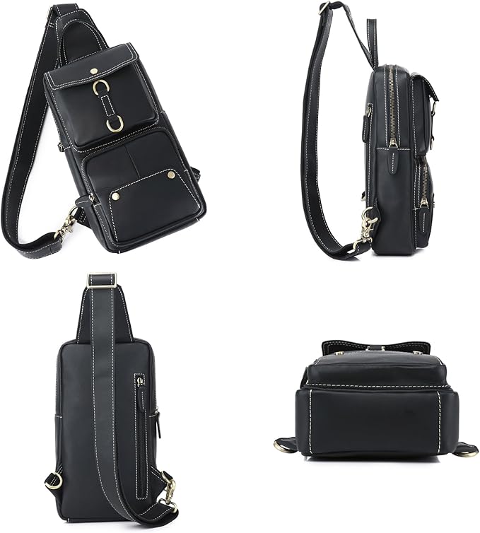 KPYWZER Sling Bag Men Women Genuine Leather Shoulder Backpack Satchel Chest Casual Daypack Crossbody Outdoor Day Pack Backpacks Black