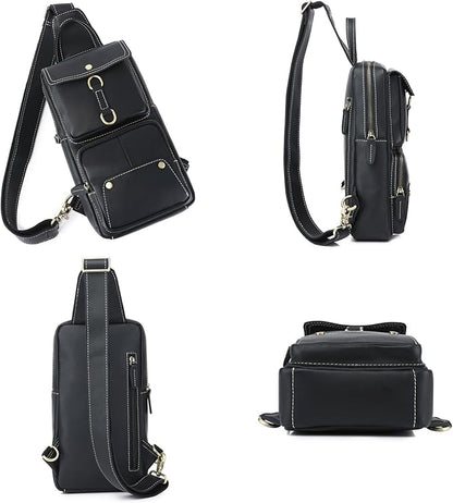 KPYWZER Sling Bag Men Women Genuine Leather Shoulder Backpack Satchel Chest Casual Daypack Crossbody Outdoor Day Pack Backpacks Black