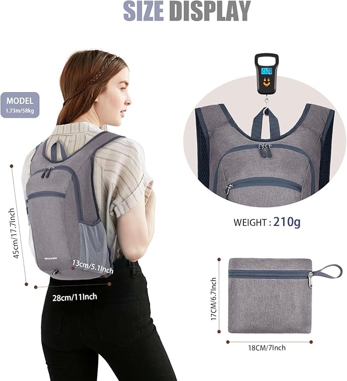 15L Hiking Backpack Small Travel Backpack Lightweight Packable Backpacks Casual Daypack for Women and Men, Light Grey