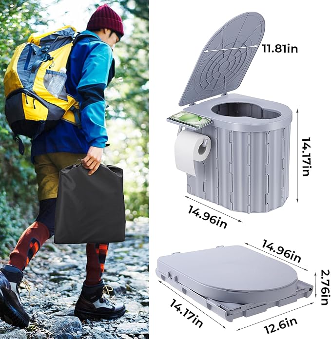 Camping Toilet, Portable Toilet for Adults, 14'' Camping Toilet with Lid, Camp Toilet with Holder, Travel Potty for Camping, Hiking, RoadTrip, Car, Tent, Truck Drivers (grey)