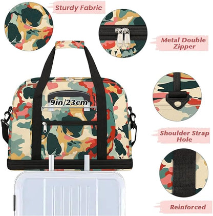 cfpolar Woman Travel Duffel Bag Camo Skull Foldable Tote Carry On Luggage Sports Gym Bag With Shoe Compartment Overnight Weekend Yoga Workout Bag Training Handbag