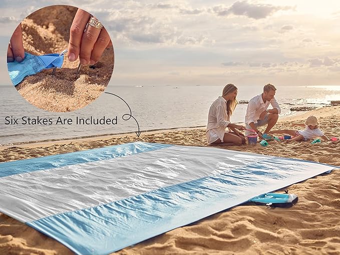 WEKAPO Beach Blanket Sandproof, Extra Large Beach Mat, Big & Compact Sand Free Mat Quick Drying, Lightweight & Durable with 6 Stakes & 4 Corner Pockets