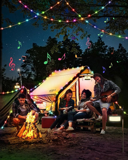 Camping String Lights Outdoor with Music Sync, Quick Storage LED String Lights with 7 RGB Color & 12 Mode Tent Lights, Portable Camping Lantern Waterproof Camping Light for Camping Essentials (Black)