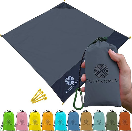 ECCOSOPHY Sand Proof Beach Blanket-Waterproof Picnic Blanket 60x55-Outdoor Compact Pocket Blanket-Lightweight Ground Cover for Hiking, Camping, Festivals, Sports, Travel-with Bag & Stakes (Charcoal)