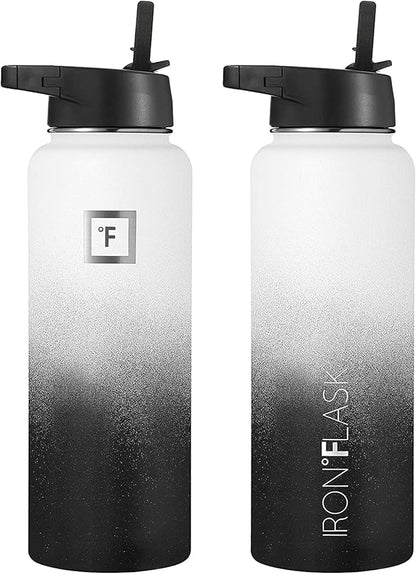 IRON °FLASK Camping & Hiking Hydration Flask, Wide Mouth, 3 Straw Lids, Stainless Steel Outdoor Water Bottle, Double Walled, Insulated Thermos, Metal Canteen - Day & Night, 40 Oz