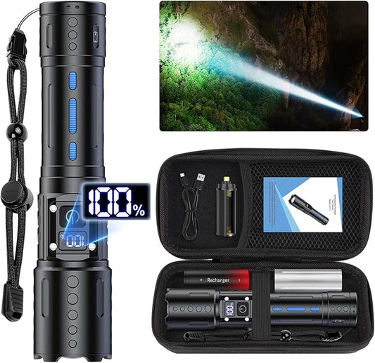 Flashlights High Lumens Rechargeable - 20,000 Lumens Super Bright Tactical LED Flash Light, Dimmable&Memory Function Powerful Waterproof Flashlight for Camping,6 Modes,Zoomable,LCD Display (1, Black)