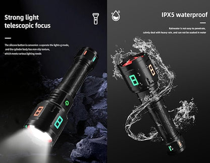 Rechargeable Military Flashlight, 220,000LM Powerful Tactical Flashlight, 5000 mAh LED Variable Focus, Up to 50 Hours of Continuous Use, for Camping Expeditions and Emergencies