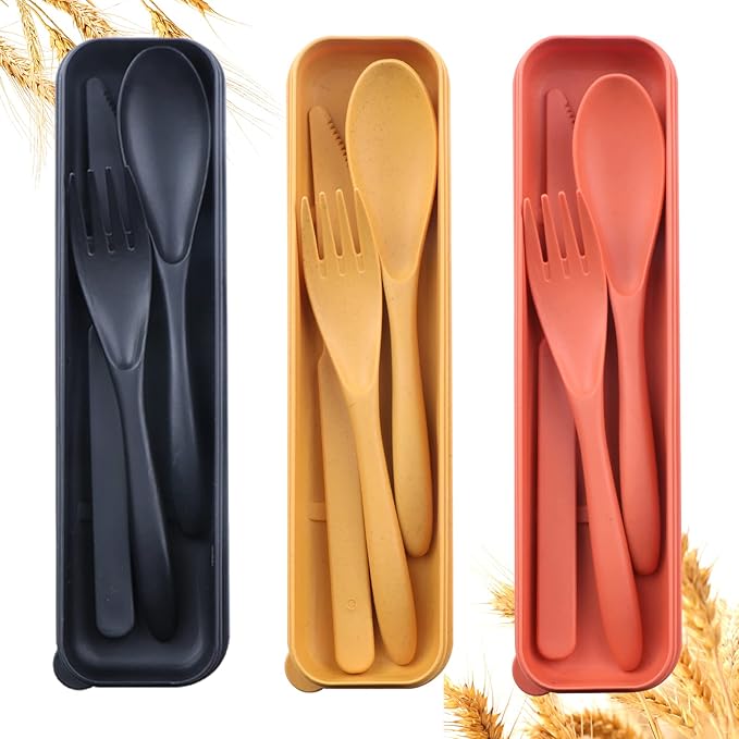 Reusable Travel Utensils Set with Case, 3 Sets Wheat Straw Portable Plastic Fork Spoons Knife Camping Cutlery, Eco-Friendly BPA Free Lunch Tableware Travel Picnic Utensils for Kids Adults Daily Use