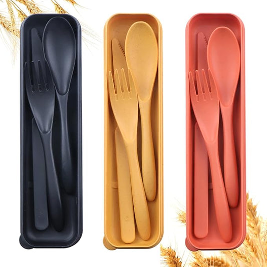 Reusable Travel Utensils Set with Case, 3 Sets Wheat Straw Portable Plastic Fork Spoons Knife Camping Cutlery, Eco-Friendly BPA Free Lunch Tableware Travel Picnic Utensils for Kids Adults Daily Use