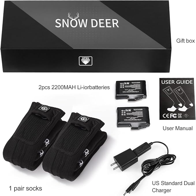 SNOW DEER Heated Socks,Upgraded 7.4V Rechargeable Battery Electric Socks for Men Women,Winter Cold Weather Warm Socks for Huting Fishing Camping Hiking Skiing Foot Warmer