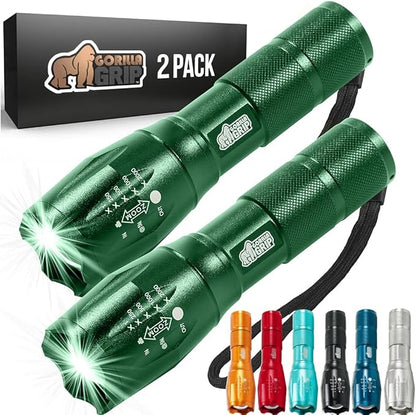 Gorilla Grip Powerful LED 750 FT Water Resistant 5 Adjustable Mode Tactical Flashlight, High Lumens Ultra Bright Battery Zoom Flashlights, Small Camping Car Mini Flash Light Accessories, 2 Pack Green