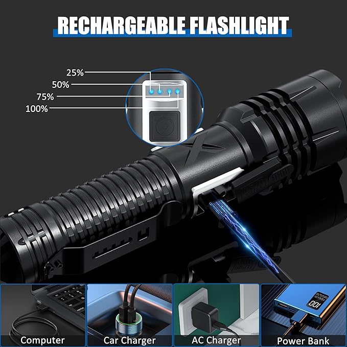Rechargeable LED Flashlights high lumens,100000 Lumens Super Bright Tactical Flashlights,Waterproof Handheld Flashlight with 5 Mode,Built-in Battery,Zoomable for Emergencies Camping