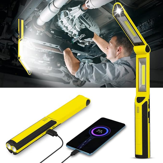 Work Light, Ropelux Rechargeable LED Work Light 1500 Lumens, Portable Flashlight 180° Rotate 3 Modes, with 3 Magnetic Base and Hook Mechanic Light, for Car Repairing/Under Hood/Emergency (Yellow)