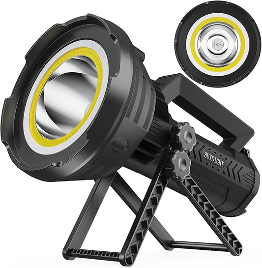 BUYSIGHT Rechargeable Flashlight 1000,000 Lumens COB Led Spotlight Floodlight IP67 Waterproof 15000mAh Long Lasting Long Distance Handheld Spotlight Impact Resistant with Foldable Stand and Red Lens
