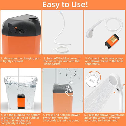 Outdoor Camping Shower, 7800mAh Outdoor Camp Shower Pump, Rechargeable Electric Shower Pump with Intelligent Digital Display, Powered by Rechargeable Battery for Camping, Hiking, Traveling, Orange