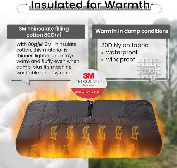 OneTigris Camping Blanket Honcho Poncho with 3M Thinsulate Insulation,Wearable Sleeping Bag Poncho for Camping Large Ultralight Water-Resisitant Warm Wearable Blanket for Outdoor Camping,Hiking