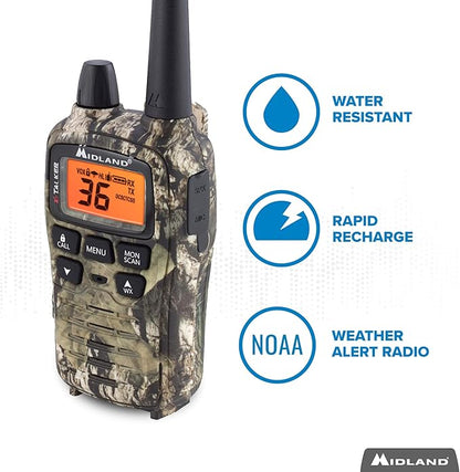 Midland® - T75VP3 - 36 Channel FRS Two-Way Radio - Long Range Walkie Talkie, 121 Privacy Codes, & NOAA Weather Scan + Alert - Mossy Oak Camo - Set of 2