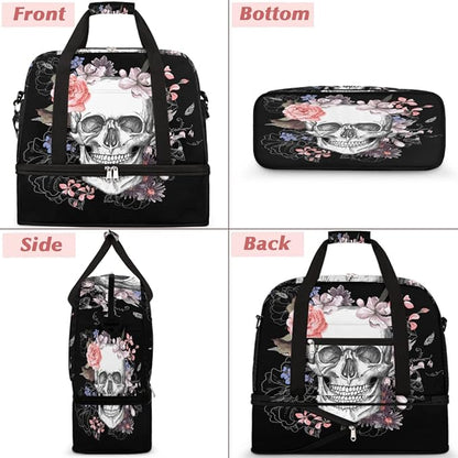 Sports Gym Bag, Sugar Skull Flower Halloween Travel Duffel Bag with Shoes Compartment Waterproof Overnight Bag Workout Weekender Bag Boys Girls Yoga Dance Bag Gym Tote Bag for Women Men