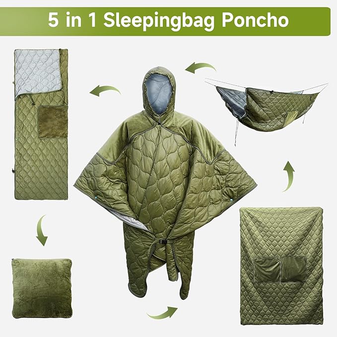 Sleeping Bag for Adult, Wearable Blanket Insulated Poncho Hooded, Sleepingbag Quilt for Winter Camping Hiking Sports