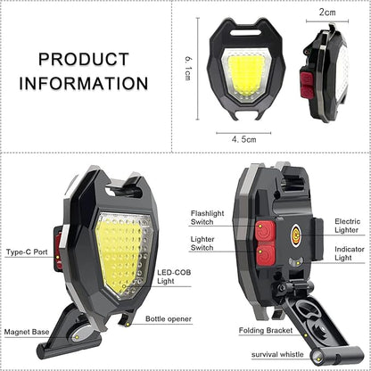 MAKDAK COB Keychain Work Light Keychain Flashlight - Emergency Light with 7 Light Mode,Build in Lighter,Magnet Base and Folding Bracket Bottle Opener, for Camping Fishing 2Pack
