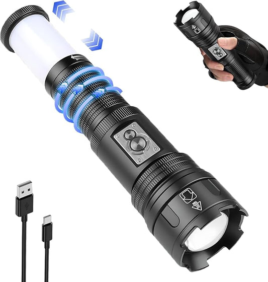 Flashlights High Lumens Rechargeable, Multifunctional Flashlight with Retractable Tail Light, 10 Modes, Led Tactical Flashlights 100000 Lumens for Home, Emergencies, Camping Essentials