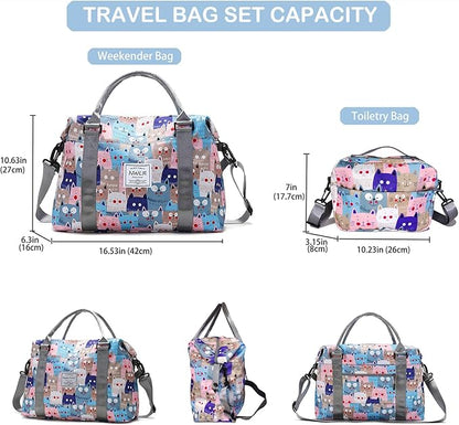 Travel Duffle Bag Weekender Overnight Bag Gym Tote with Wet Pocket for Women Girls Workout Duffel Bag Water Resistant (W-Cute Cats+Toiletry Bag)