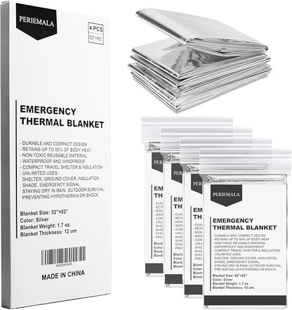 Emergency Blankets for Survival Gear (Pack of 4), Camping Blanket, Emergency Blanket, Thermal Blanket, Mylar Space Blanket, Survival Blanket, First Aid Supplies, Outdoors
