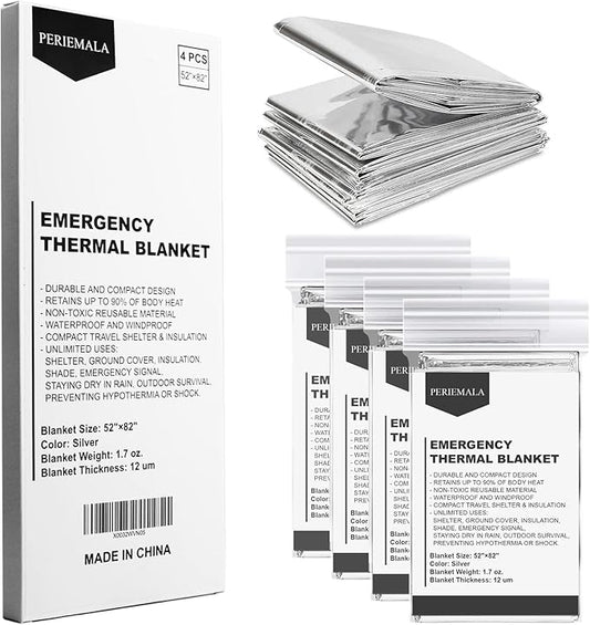 Emergency Blankets for Survival Gear (Pack of 4), Camping Blanket, Emergency Blanket, Thermal Blanket, Mylar Space Blanket, Survival Blanket, First Aid Supplies, Outdoors