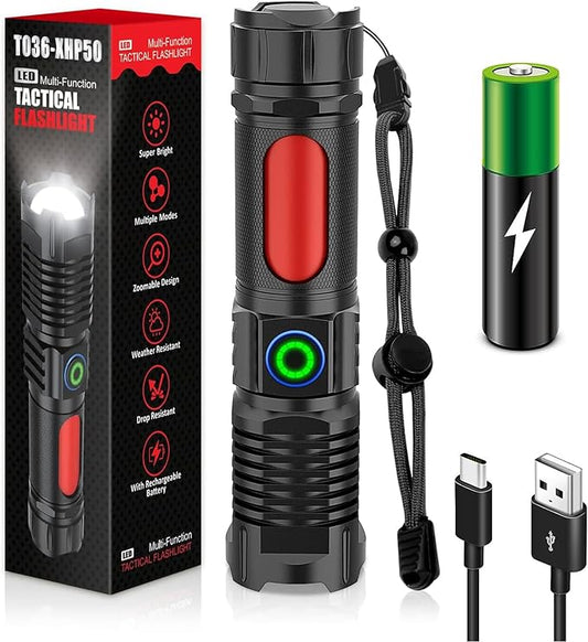 Flashlight USB Rechargeable, Super Bright LED Flashlight 3500LM, Small Tactical Flashlights, Waterproof, Zoomable, Portable Flashlights for Camping, Hiking, Emergency