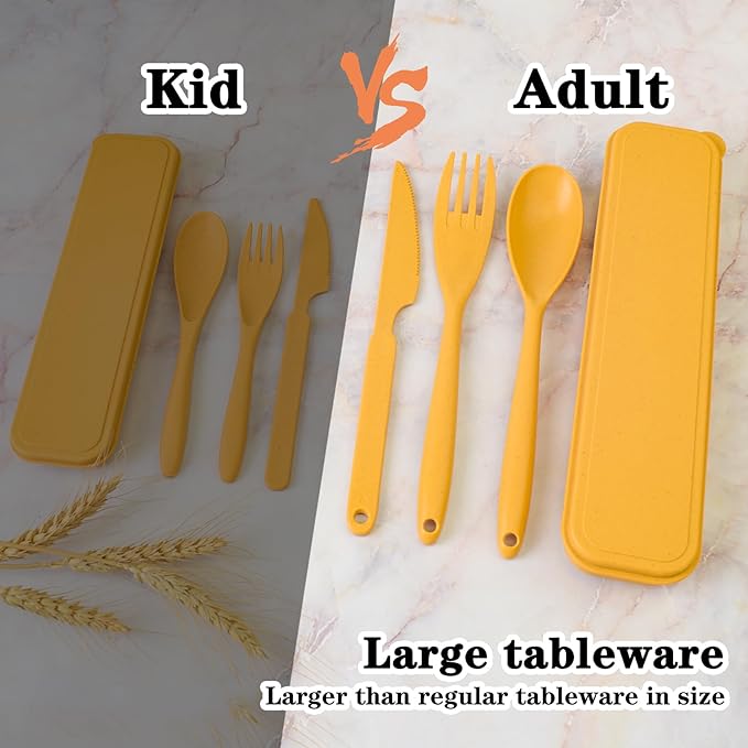 Large Reusable Utensils Set with Case, 4 Sets Wheat Straw Travel Cutlery Set, Portable Spoon Knife Fork Lunch Box Utensil Set for Adults