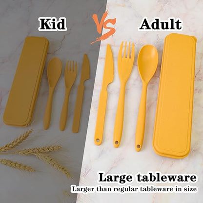 Large Reusable Utensils Set with Case, 4 Sets Wheat Straw Travel Cutlery Set, Portable Spoon Knife Fork Lunch Box Utensil Set for Adults