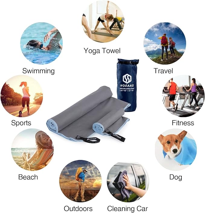 HOEAAS 2 Pack Microfiber Camping Towels, Quick Dry Towel, Super Absorbent Ultra Compact Travel Towel Soft Lightweight Sports Towel for Sweat Fast Drying Towels for Pool,Gym,Hiking,Backpacking,Fitness