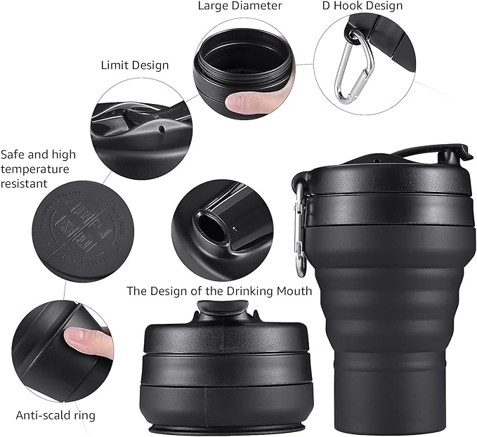 Collapsible Coffee Cup, 16 OZ 480ml Silicone Folding Camping Cup, Leak Proof BPA Free Portable Cup, Travel mug with Lids for hiking (Black)