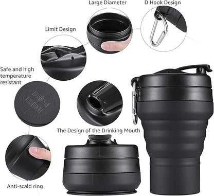 Collapsible Coffee Cup, 16 OZ 480ml Silicone Folding Camping Cup, Leak Proof BPA Free Portable Cup, Travel mug with Lids for hiking (Black)