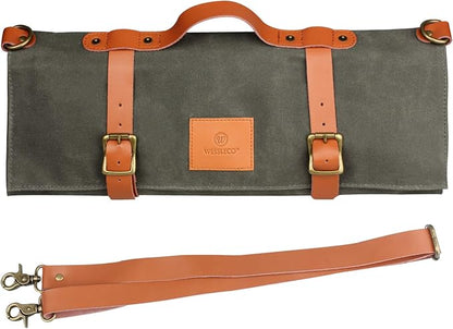 FIREDOG Wessleco Chef Knife Roll Bag (10 Pockets), Waxed Canvas Knife Carrying Case Storage with Handle & Shoulder Strap, Zipper Pouch for Culinary Tools (Knives Not Included)